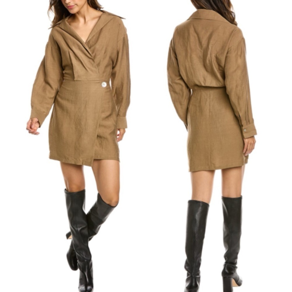 VINCE Collared Linen-blend Wrap V Neck Long Sleeve Mini Dress Size 0 NEW